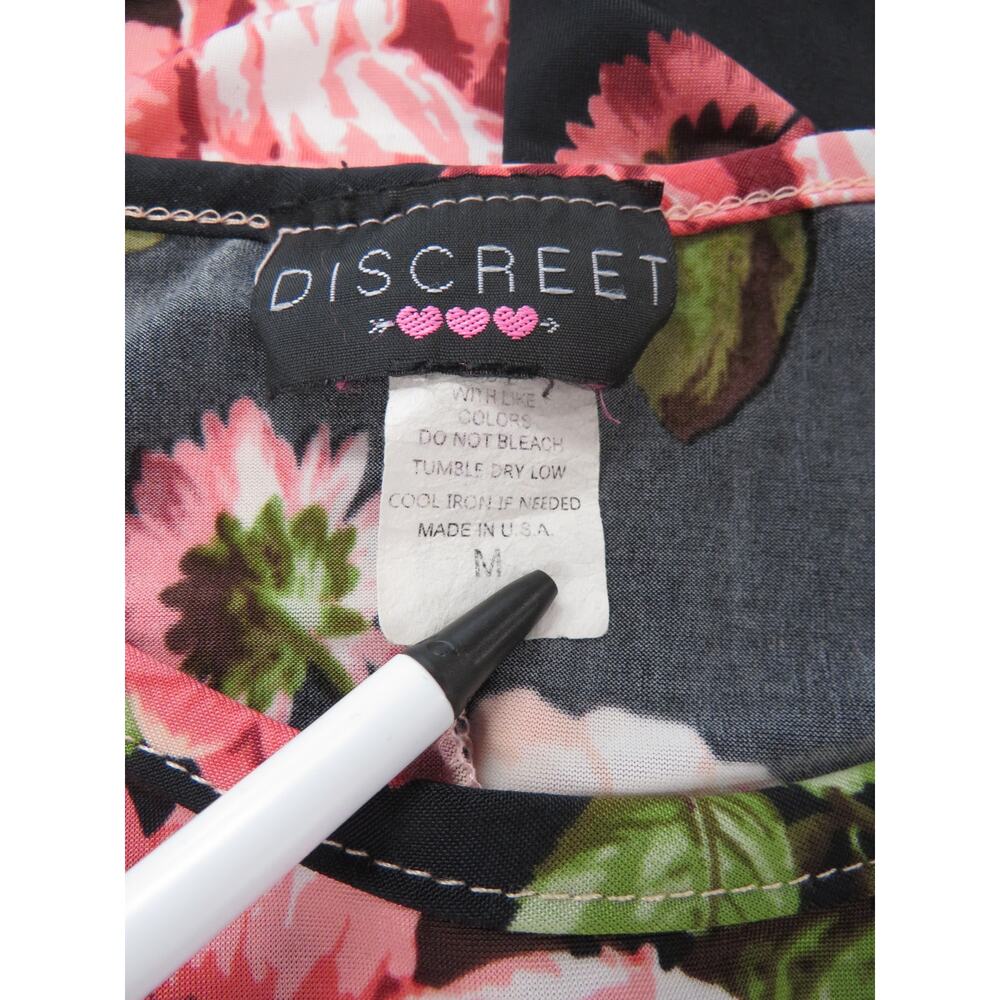 Vintage Discreet Women's M Sheer Top Black Pink Roses USA Floral Whimsical - Picture 4 of 8